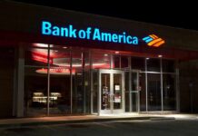 Bank of America storefront at night.