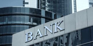 Modern bank building with reflective glass exterior
