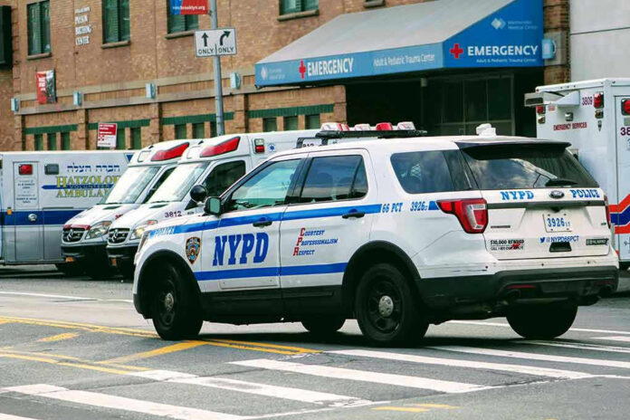 Police car and ambulances outside emergency room entrance