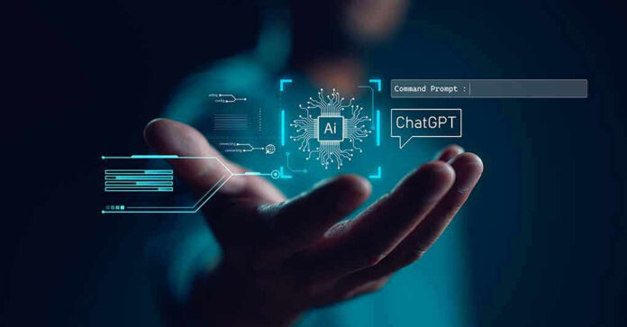 Hand holding digital AI and ChatGPT graphics