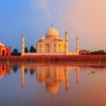 The Taj Mahal reflecting in water during sunset