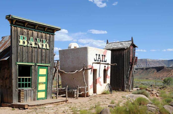 Wild West themed bank and jail buildings in a desert setting