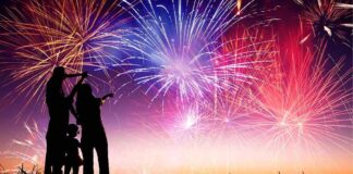 Silhouetted figures watching a colorful fireworks display against a twilight sky