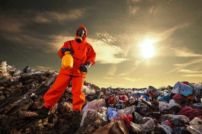 Person in protective gear standing on a landfill with a yellow container