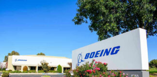 Boeing office building with signage and landscaping.