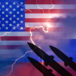 American and Russian flags with missile silhouettes and lightning.
