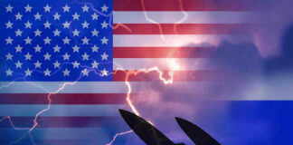 American and Russian flags with missile silhouettes and lightning.