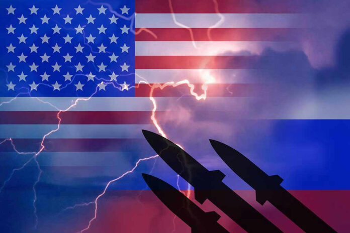 American and Russian flags with missile silhouettes and lightning.