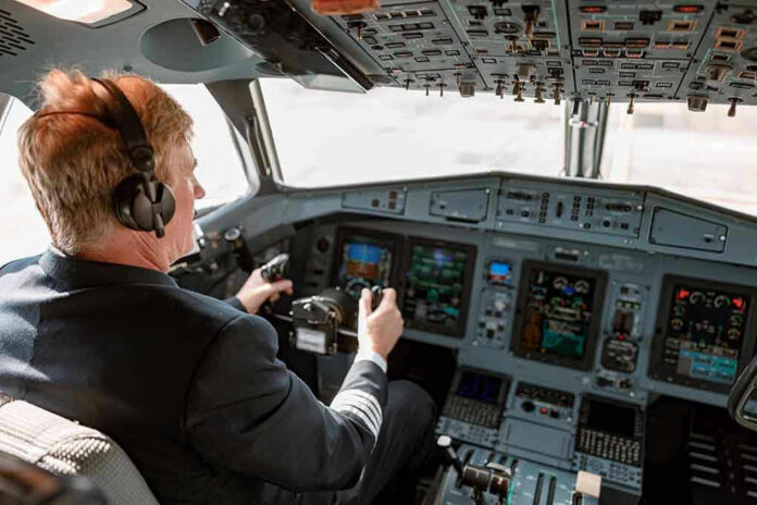 Pilot in cockpit operating airplane controls.