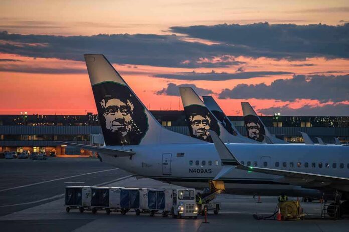 Aircraft tails with a sunset backdrop at an airport