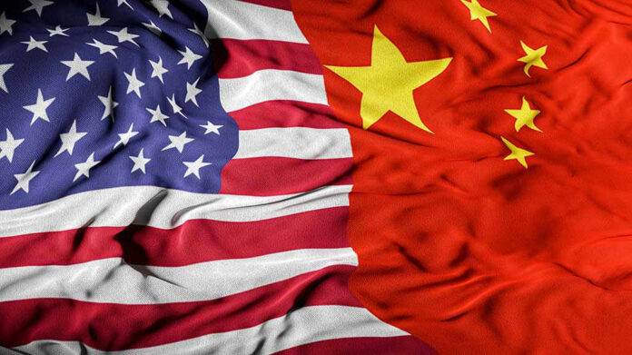 United States flag merged with China flag.