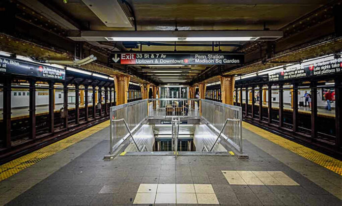 605058719 Subway station platform with directional signs overhead.