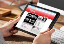 Sexting Bombshell Rocks Senate Bid Person reading news headline Scandal Unfolds on tablet