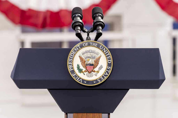 638168197 Vice Presidential podium with microphones and emblem.