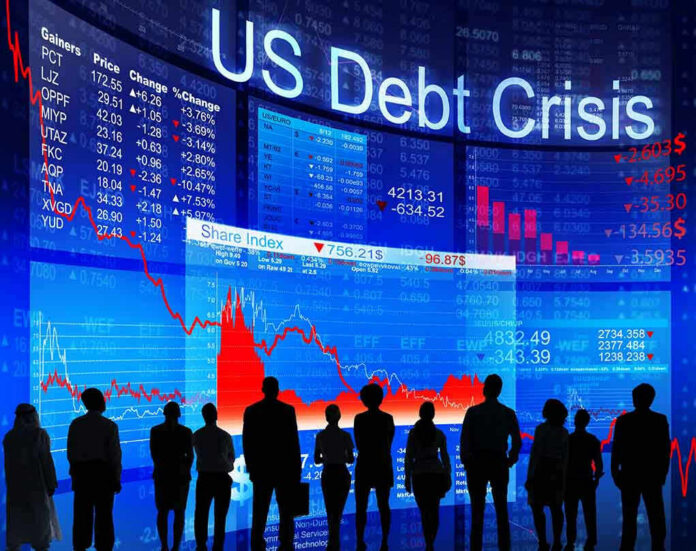 People looking at financial charts displaying US debt crisis.