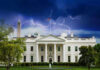 Snipers, Drones, Chaos—Then a Mother Calls White House under stormy sky with lightning bolts.