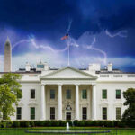 Snipers, Drones, Chaos—Then a Mother Calls White House under stormy sky with lightning bolts.
