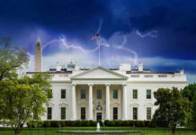 Snipers, Drones, Chaos—Then a Mother Calls White House under stormy sky with lightning bolts.