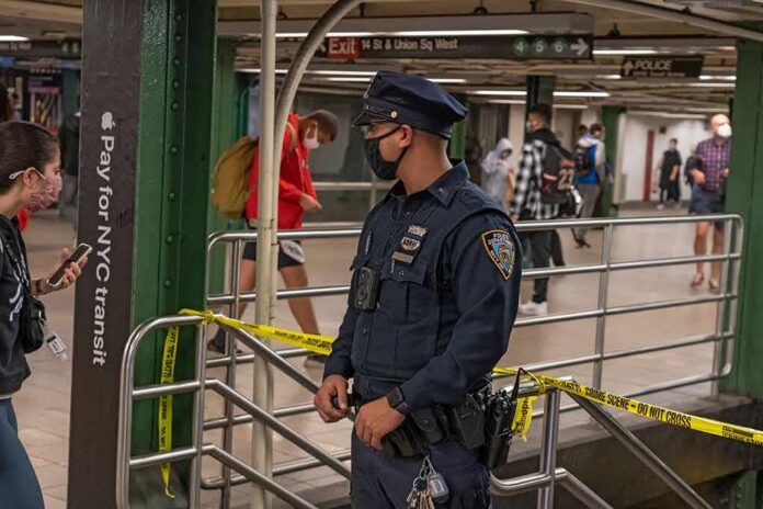 Police officer stands in a subway station near caution tape