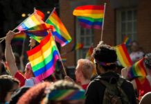 Crowd waving rainbow flags at an outdoor event
