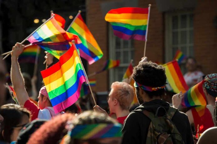 shutterstock_1099936808 Crowd waving rainbow flags at an outdoor event