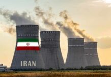 nuclear power plant cooling towers in Iran at sunset