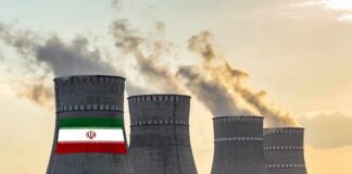 nuclear power plant cooling towers in Iran at sunset