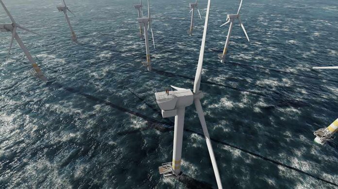 shutterstock_1808741995 Offshore wind turbines in rough sea from aerial view