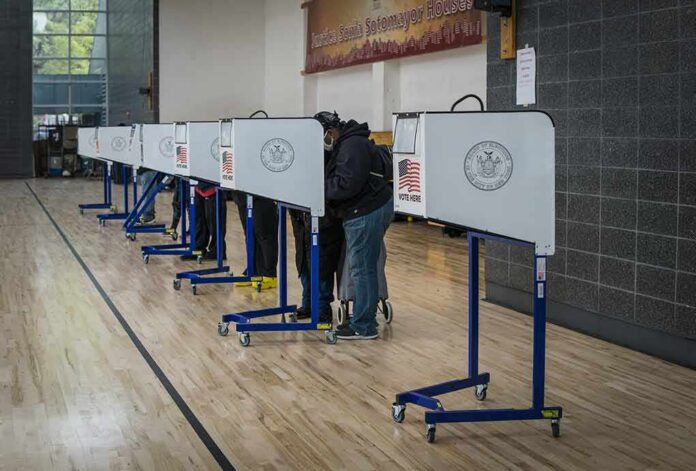 Voters at polling booths in a gymnasium