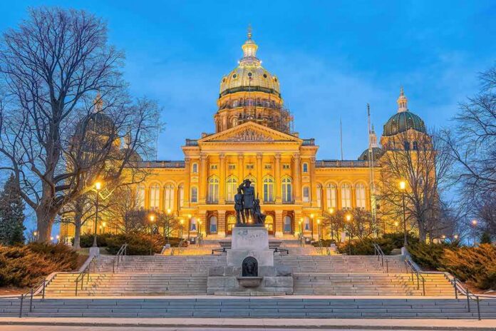 State capitol building illuminated at dusk with central dome and statue