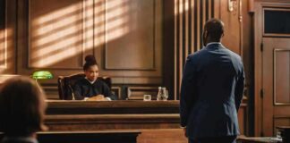 Judge presides as lawyer stands in courtroom