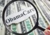 Magnifying glass over cash highlighting Obamacare text