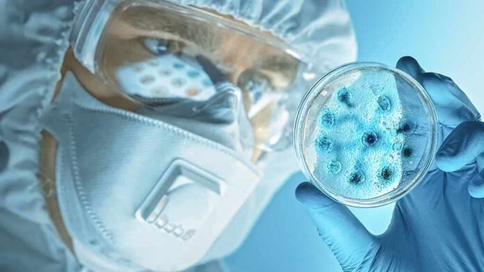 Scientist in protective gear examining a petri dish