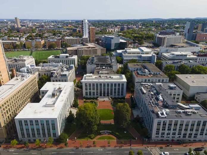 shutterstock_1921145984 aerial view of a university campus quad with surrounding academic buildings