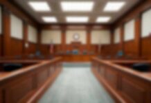 Campus Horror: Ex-Professor Accused Empty courtroom with wooden benches and judge's bench